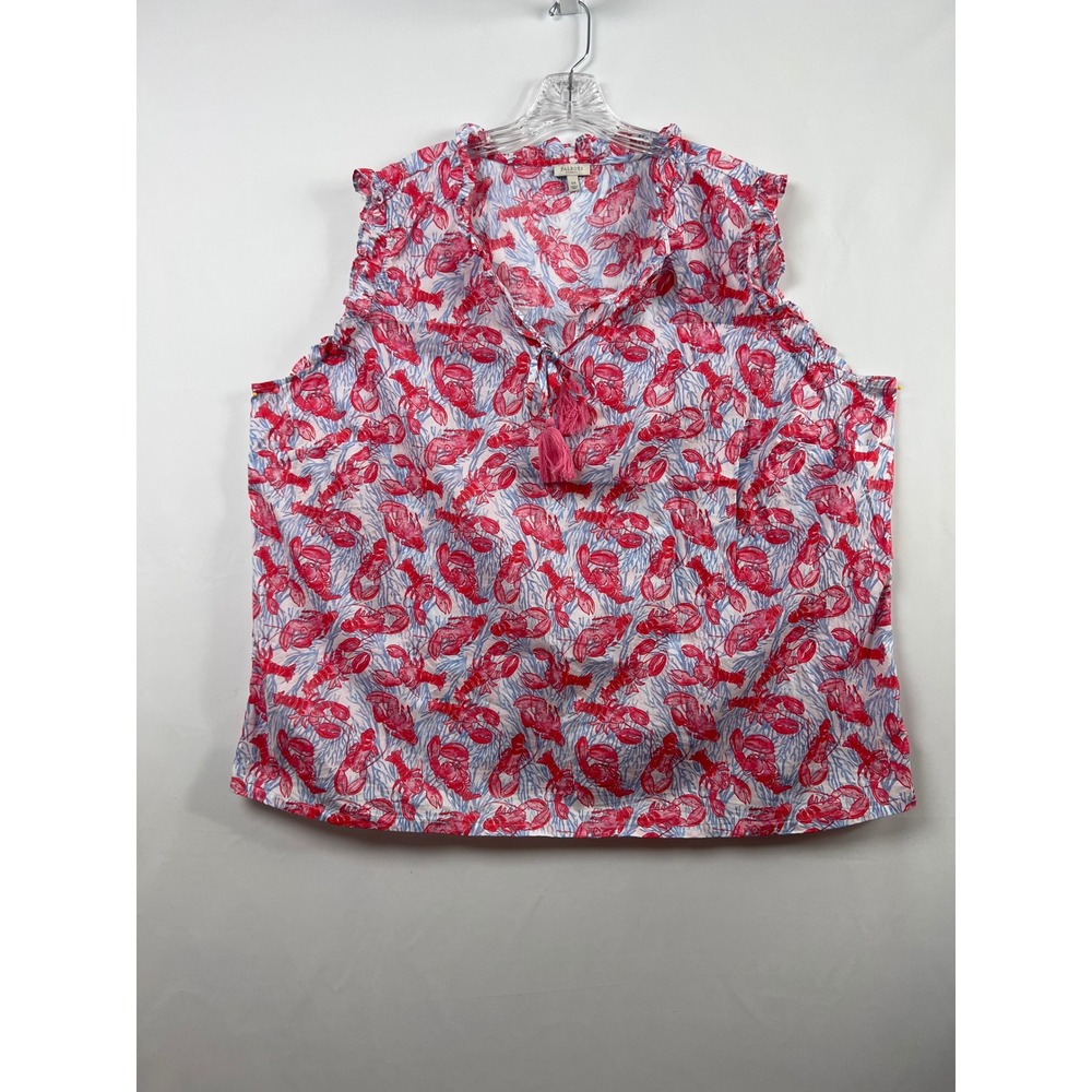 Talbots Lobster Print Sleeveless Top Womens 3X Red Pink Nautical Tassel Ruffle